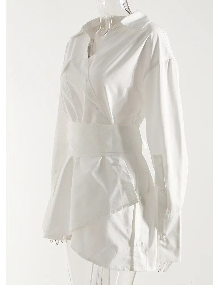 Women's White Irregular Bandage Slit Shirt Dress