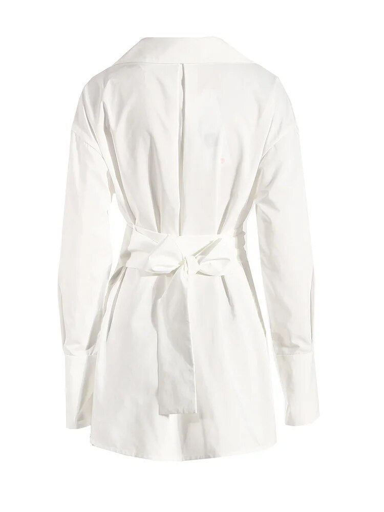 Women's White Irregular Bandage Slit Shirt Dress
