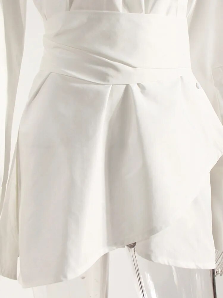 Women's White Irregular Bandage Slit Shirt Dress